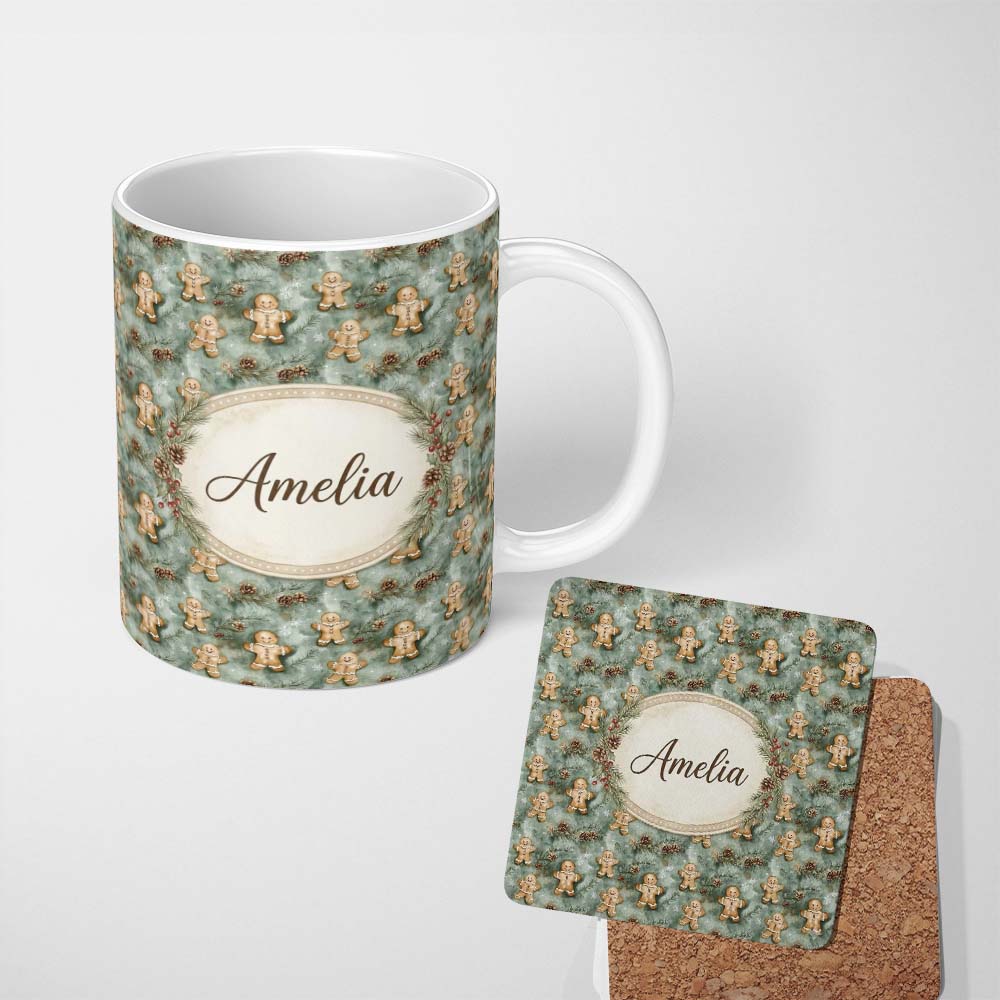Personalized Custom Name Cute Gingerbread Cookies with Pinecones and Snowflakes Seamless 11oz Ceramic Coffee Tea Mug White Large Handle