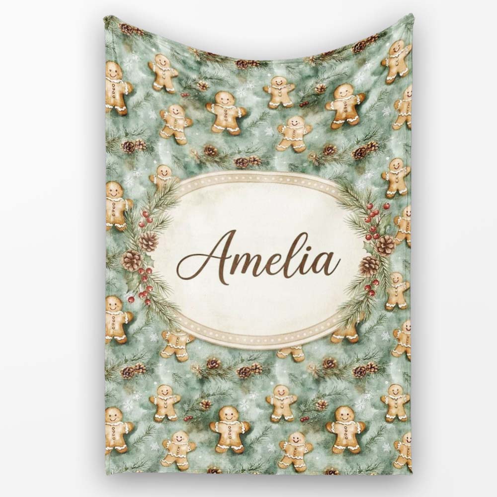 Cute Gingerbread Cookies with Pinecones and Snowflakes Seamless  Personalised Custom Name Super Soft Fleece Blanket Bed Sofa Throw