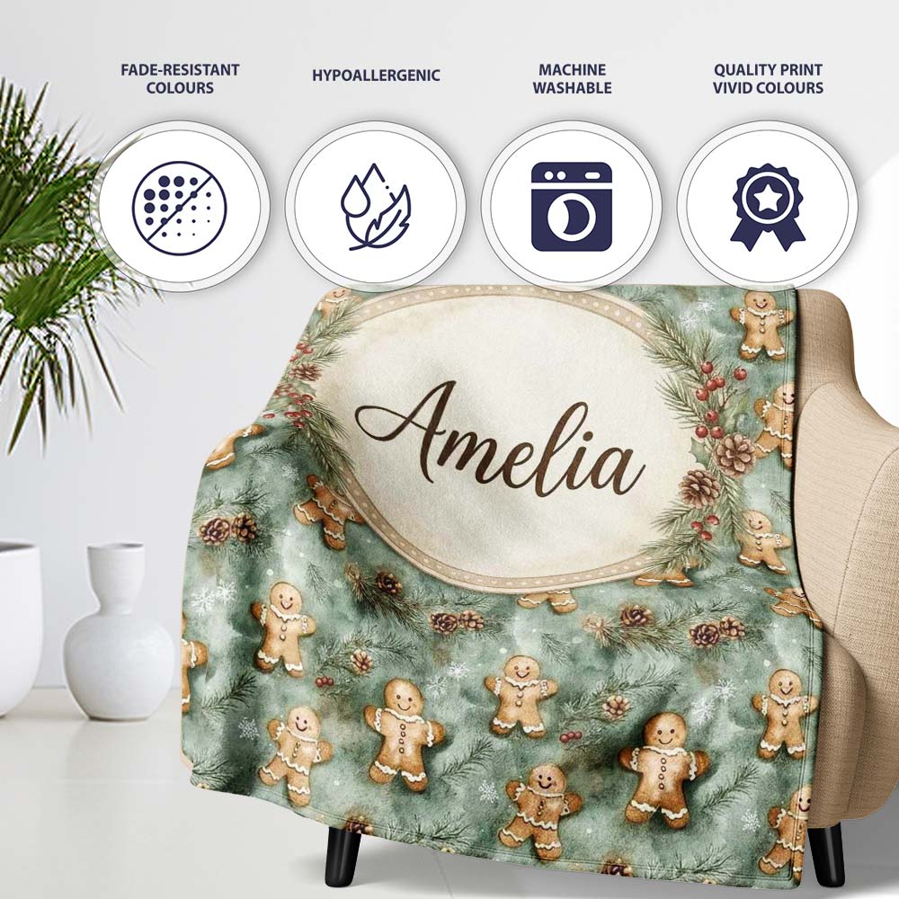 Cute Gingerbread Cookies with Pinecones and Snowflakes Seamless  Personalised Custom Name Super Soft Fleece Blanket Bed Sofa Throw