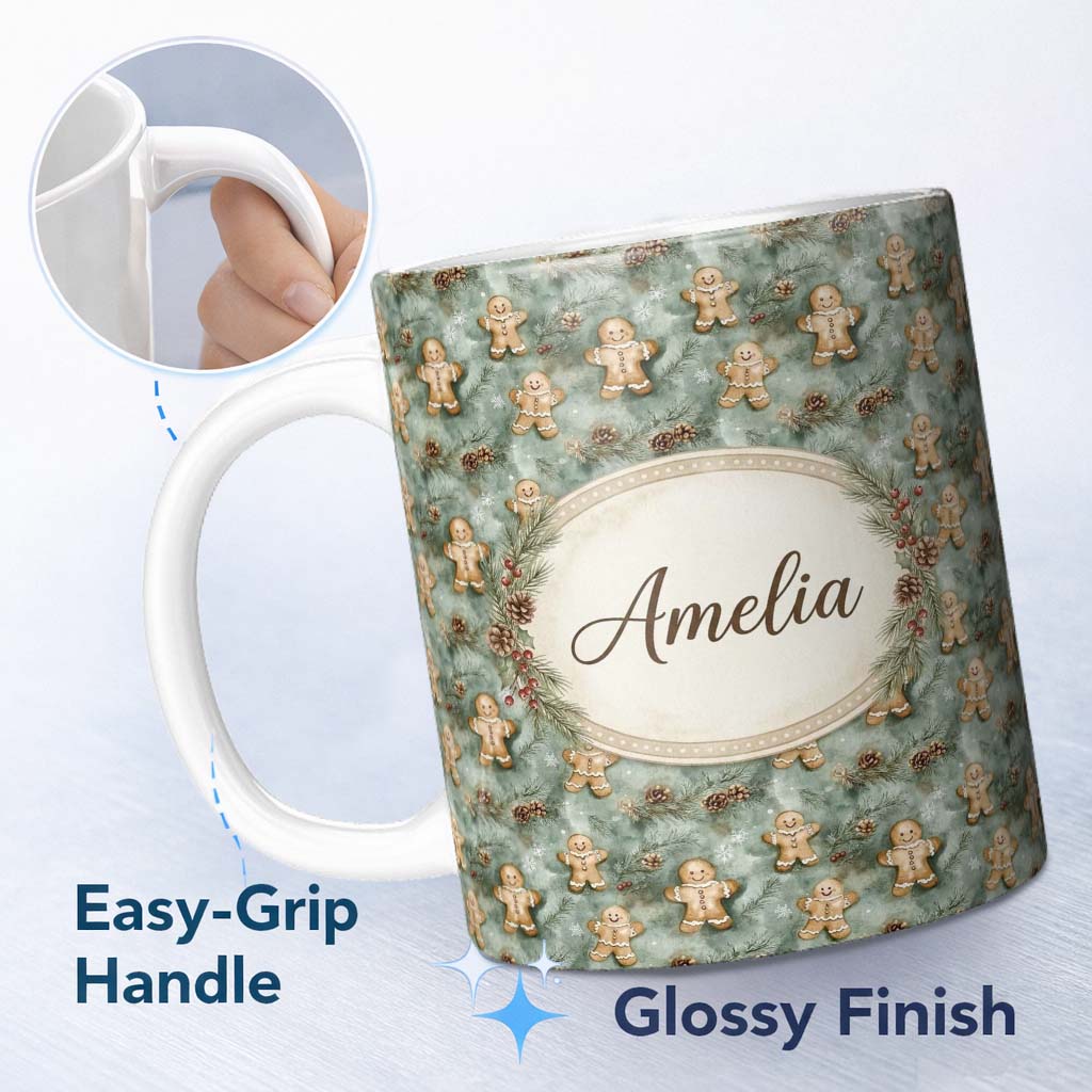 Personalized Custom Name Cute Gingerbread Cookies with Pinecones and Snowflakes Seamless 11oz Ceramic Coffee Tea Mug White Large Handle