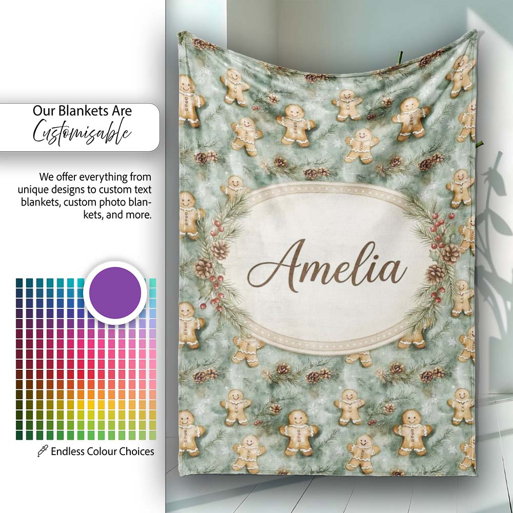 Cute Gingerbread Cookies with Pinecones and Snowflakes Seamless  Personalised Custom Name Super Soft Fleece Blanket Bed Sofa Throw