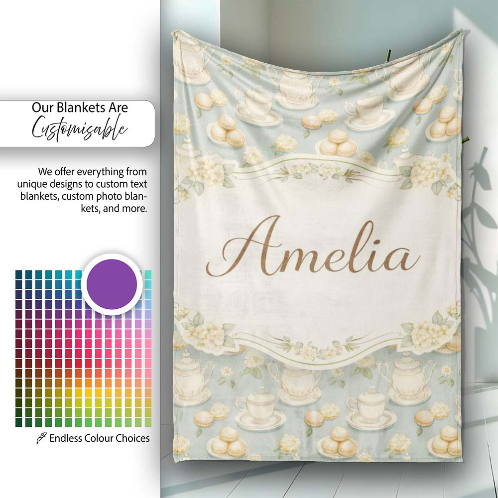 Vintage Tea Set Cupcake Dessert Seamless Pattern Cute Unique Gift  Personalised Custom Name Super Soft Fleece Blanket Bed Sofa Throw