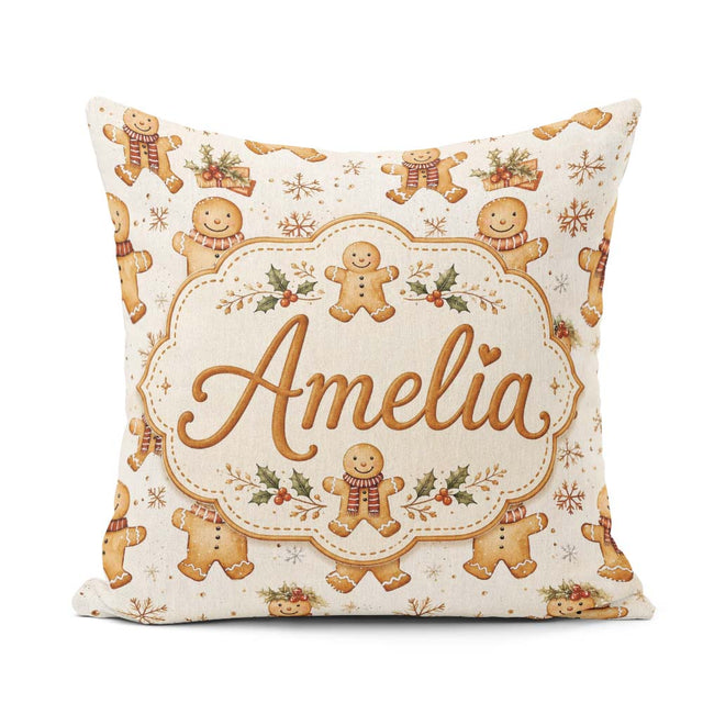 Custom Name Cute Gingerbread Cookies with Scarves and Snowflakes Square Filled Cushion Throw Pillow Sofa Bed Home Decor Zip Washable UK Made