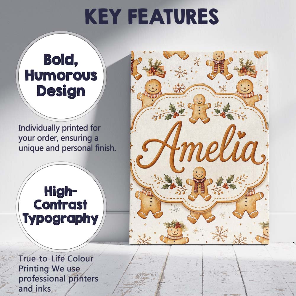 Personalised Name Cute Gingerbread Cookies Custom  Unique Gift Idea Elegant Feature Canvas Wall Art Print Decor Picture Ready to Hang