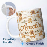 Personalized Custom Name Cute Gingerbread Cookies with Scarves and Snowflakes Seamless 11oz Ceramic Coffee Tea Mug White Large Handle