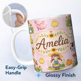 Custom Name Cute Farm Girl Animals Harvest Seamless Pattern Pink Background 11oz Ceramic Coffee Tea Mug White Large Handle