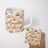 Personalized Custom Name Cute Gingerbread Friends in Hot Air Balloons Vintage Style Seamless 11oz Ceramic Coffee Tea Mug White Large Handle
