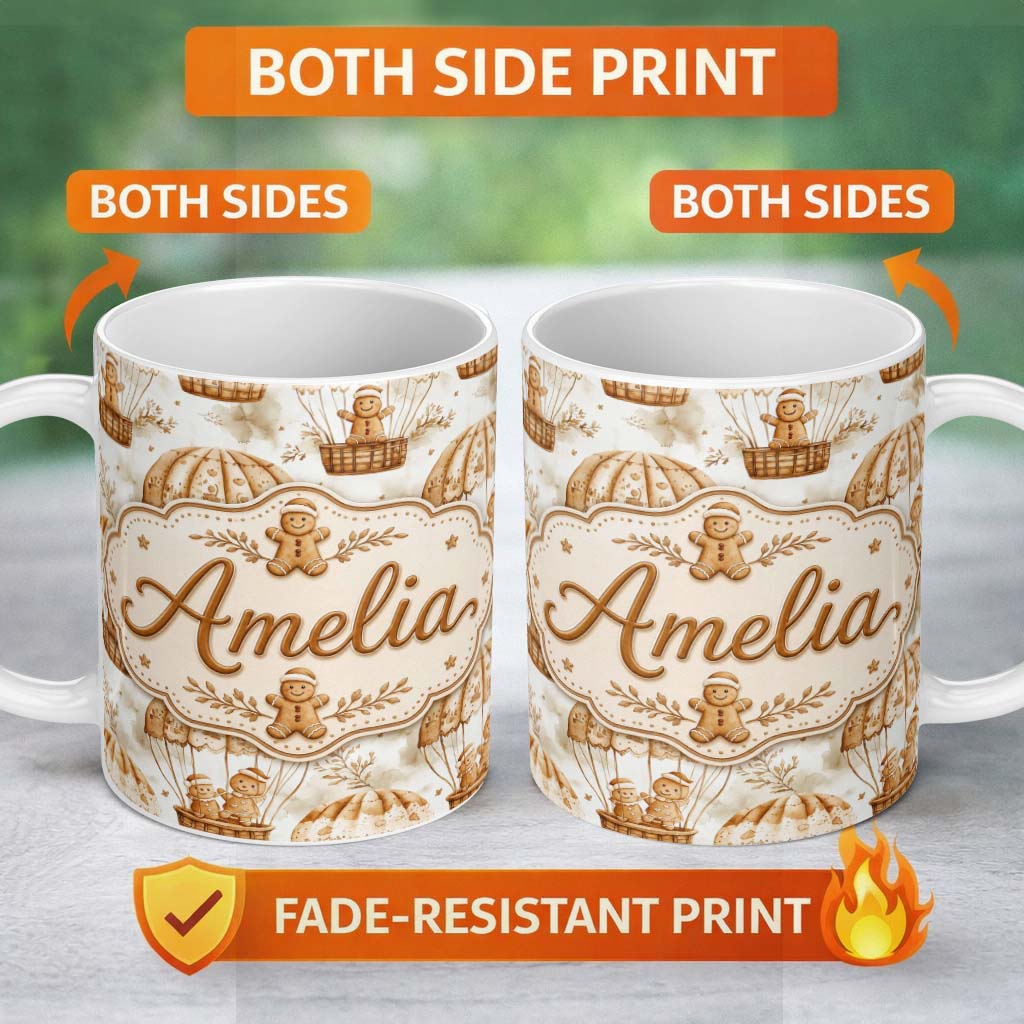 Personalized Custom Name Cute Gingerbread Friends in Hot Air Balloons Vintage Style Seamless 11oz Ceramic Coffee Tea Mug White Large Handle