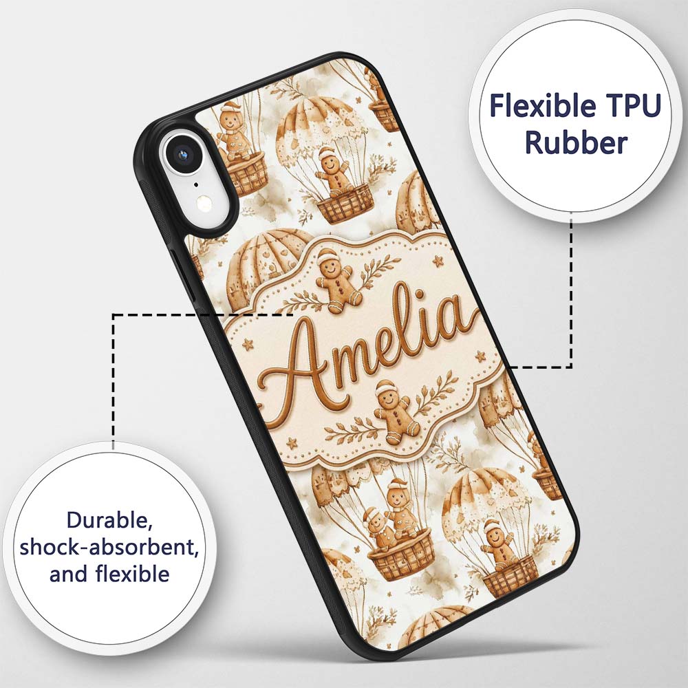Cute Gingerbread Friends in Hot Air Balloons Custom Name Protective Phone Case Mobile Cover Durable Everyday Smartphone Shock Resistant