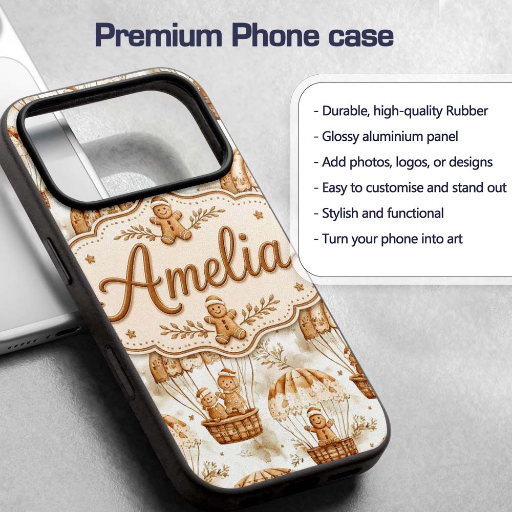 Cute Gingerbread Friends in Hot Air Balloons Custom Name Protective Phone Case Mobile Cover Durable Everyday Smartphone Shock Resistant