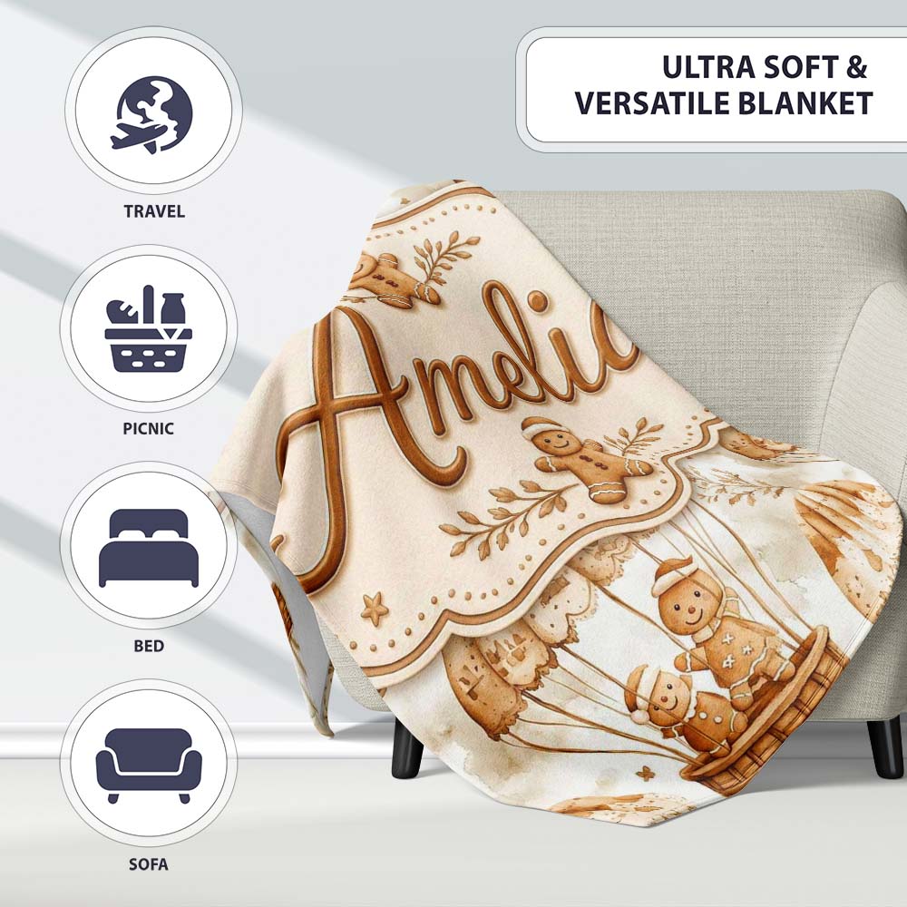 Cute Gingerbread Friends in Hot Air Balloons Vintage Style Seamless  Personalised Custom Name Super Soft Fleece Blanket Bed Sofa Throw
