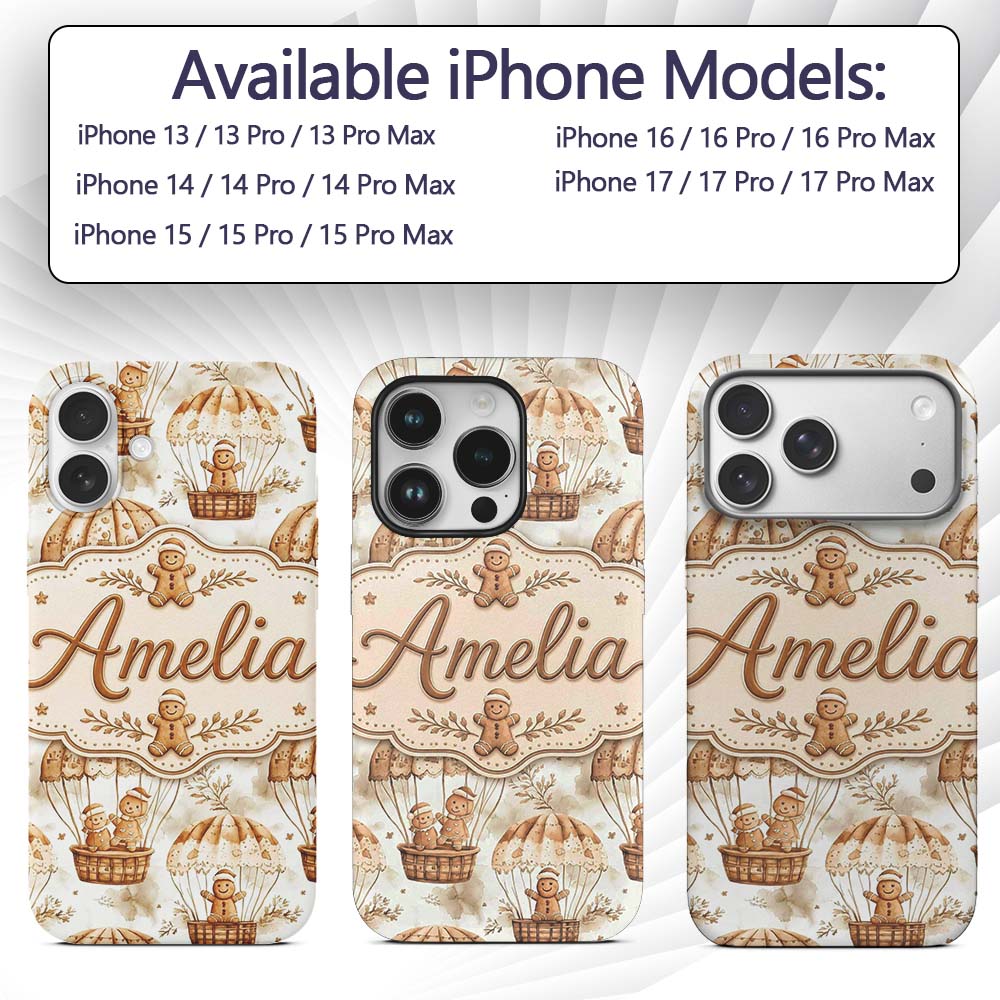 Cute Gingerbread Friends in Hot Air Balloons Custom Name Protective Phone Case Mobile Cover Durable Everyday Smartphone Shock Resistant