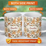 Personalized Custom Name Cute Gingerbread Cookies with Pine Branches and Red Berries 11oz Ceramic Coffee Tea Mug White Large Handle