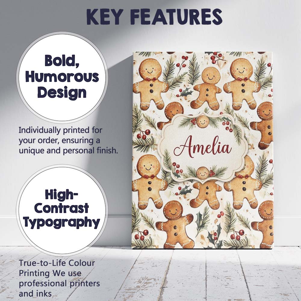 Personalised Name Cute Gingerbread Cookies Custom  Unique Gift Idea Elegant Feature Canvas Wall Art Print Decor Picture Ready to Hang
