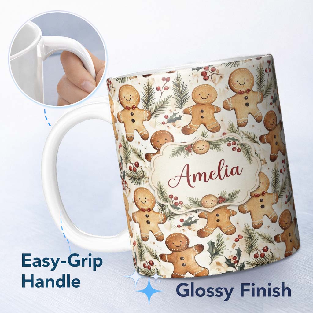 Personalized Custom Name Cute Gingerbread Cookies with Pine Branches and Red Berries 11oz Ceramic Coffee Tea Mug White Large Handle