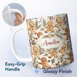 Personalized Custom Name Cute Gingerbread Cookies with Pine Branches and Red Berries 11oz Ceramic Coffee Tea Mug White Large Handle