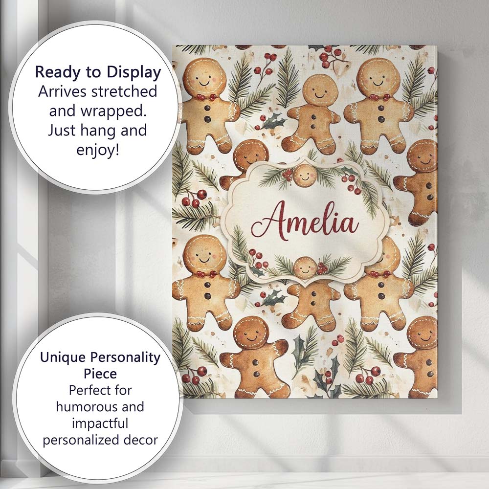 Personalised Name Cute Gingerbread Cookies Custom  Unique Gift Idea Elegant Feature Canvas Wall Art Print Decor Picture Ready to Hang