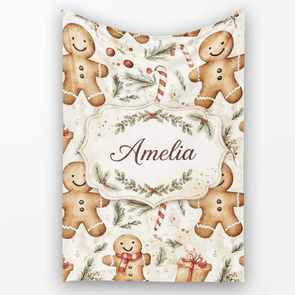 Cute Gingerbread Cookies with Candy Canes and Gifts Seamless  Personalised Custom Name Super Soft Fleece Blanket Bed Sofa Throw