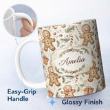 Personalized Custom Name Cute Gingerbread Cookies with Candy Canes and Gifts Seamless 11oz Ceramic Coffee Tea Mug White Large Handle