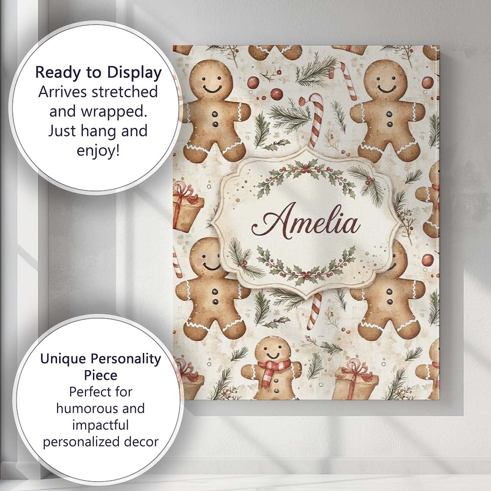 Personalised Name Cute Gingerbread Cookies Custom  Unique Gift Idea Elegant Feature Canvas Wall Art Print Decor Picture Ready to Hang