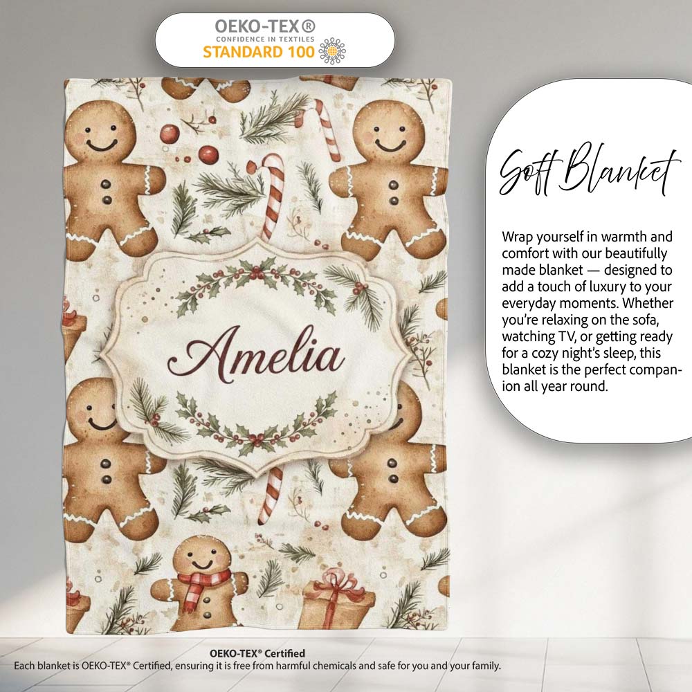 Cute Gingerbread Cookies with Candy Canes and Gifts Seamless  Personalised Custom Name Super Soft Fleece Blanket Bed Sofa Throw