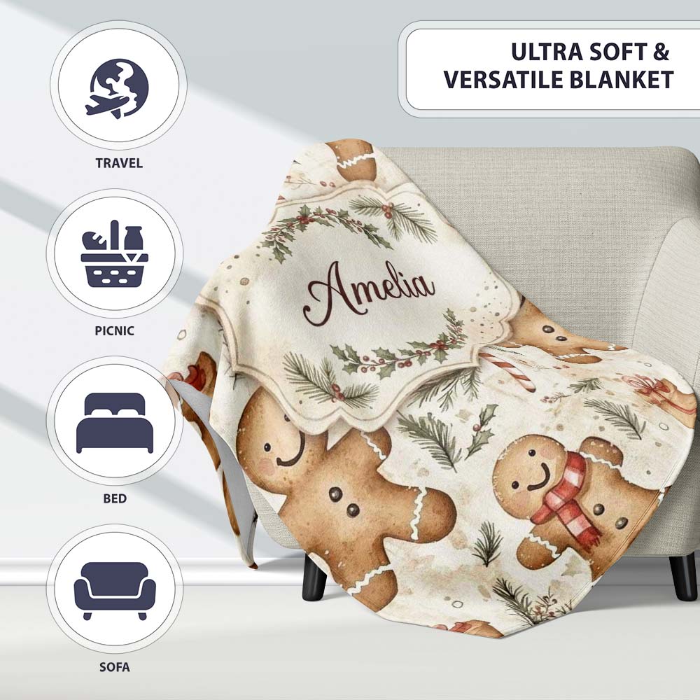 Cute Gingerbread Cookies with Candy Canes and Gifts Seamless  Personalised Custom Name Super Soft Fleece Blanket Bed Sofa Throw