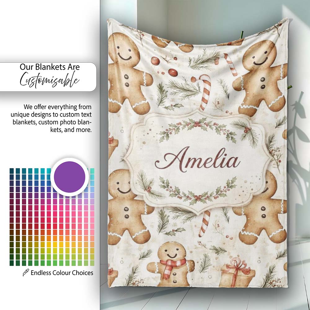 Cute Gingerbread Cookies with Candy Canes and Gifts Seamless  Personalised Custom Name Super Soft Fleece Blanket Bed Sofa Throw