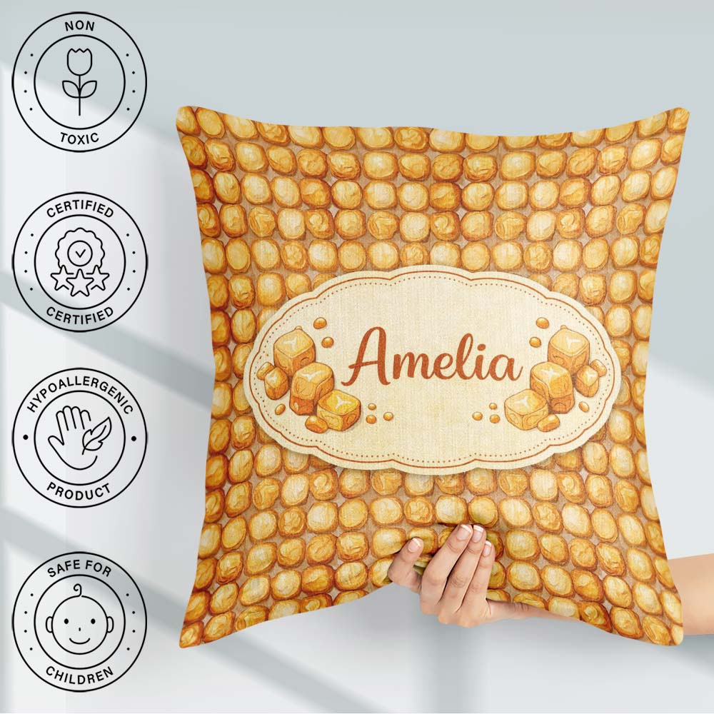 Custom Name Golden Biscuit Cookie Repeat Seamless Pattern Decor Square Filled Cushion Throw Pillow Sofa Bed Home Decor Zip Washable UK Made