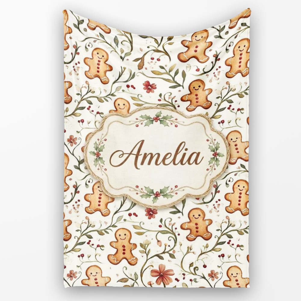Cute Gingerbread Cookies with Floral Vines and Berries Seamless  Personalised Custom Name Super Soft Fleece Blanket Bed Sofa Throw
