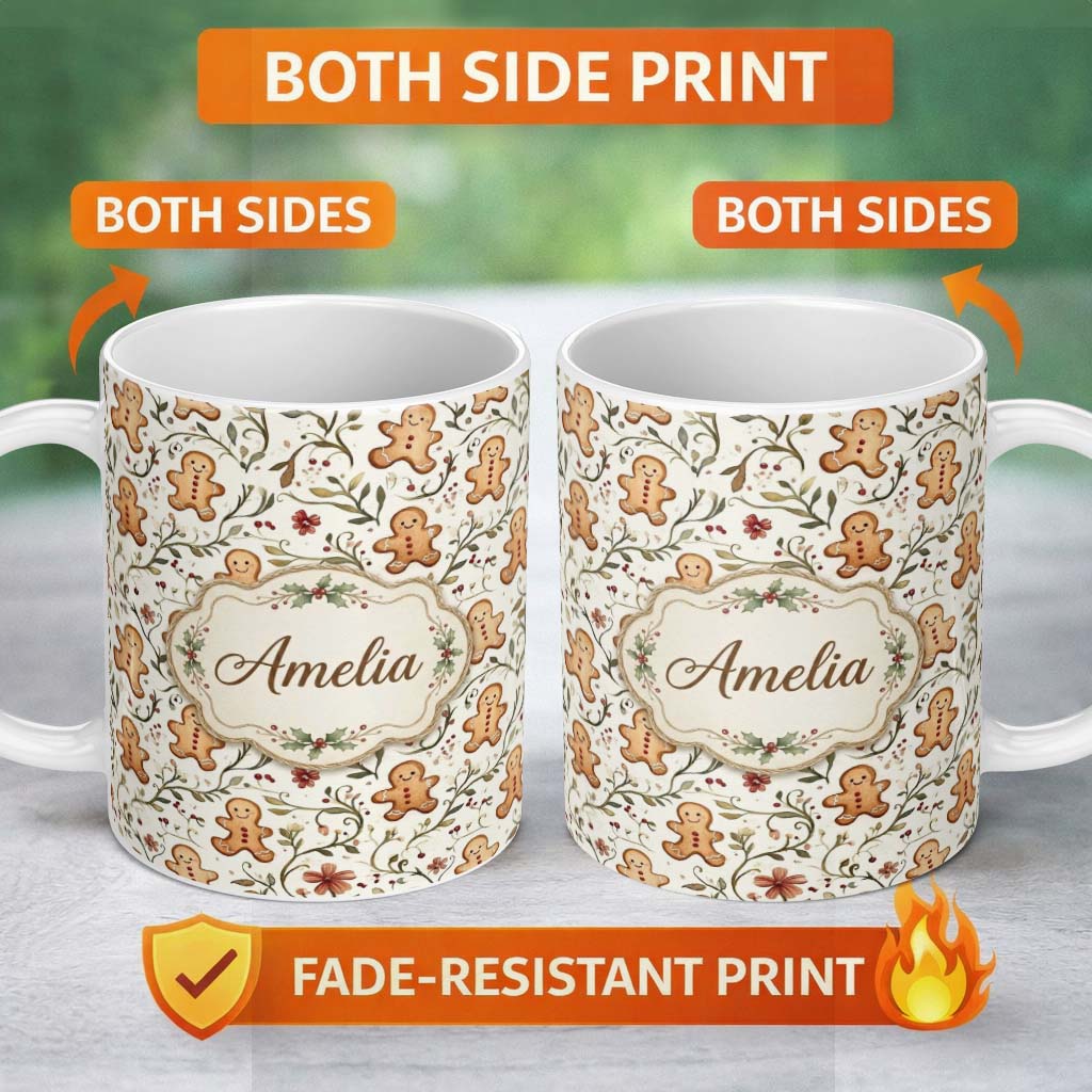 Personalized Custom Name Cute Gingerbread Cookies with Floral Vines and Berries Seamless 11oz Ceramic Coffee Tea Mug White Large Handle