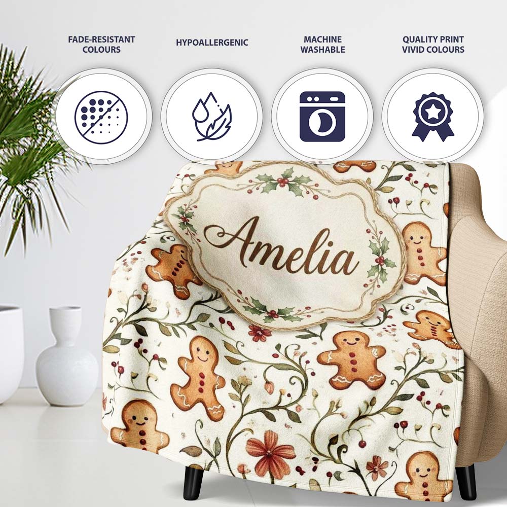 Cute Gingerbread Cookies with Floral Vines and Berries Seamless  Personalised Custom Name Super Soft Fleece Blanket Bed Sofa Throw