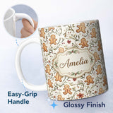 Personalized Custom Name Cute Gingerbread Cookies with Floral Vines and Berries Seamless 11oz Ceramic Coffee Tea Mug White Large Handle