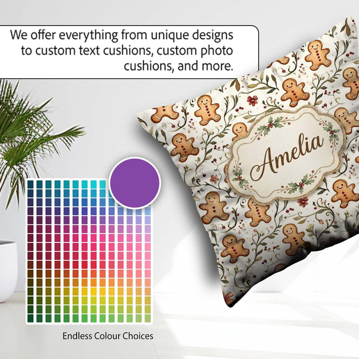 Custom Name Cute Cookies with Floral Vines and Berries Seamless Square Filled Cushion Throw Pillow Sofa Bed Home Decor Zip Washable UK Made