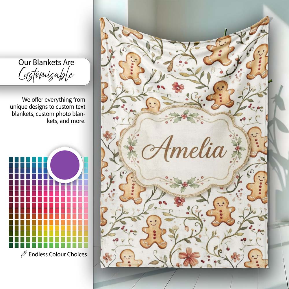 Cute Gingerbread Cookies with Floral Vines and Berries Seamless  Personalised Custom Name Super Soft Fleece Blanket Bed Sofa Throw