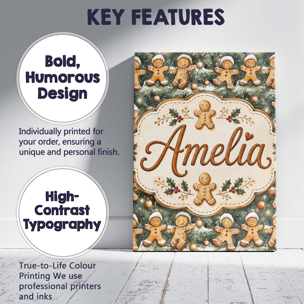 Personalised Name Cute Gingerbread Cookies Custom  Unique Gift Idea Elegant Feature Canvas Wall Art Print Decor Picture Ready to Hang