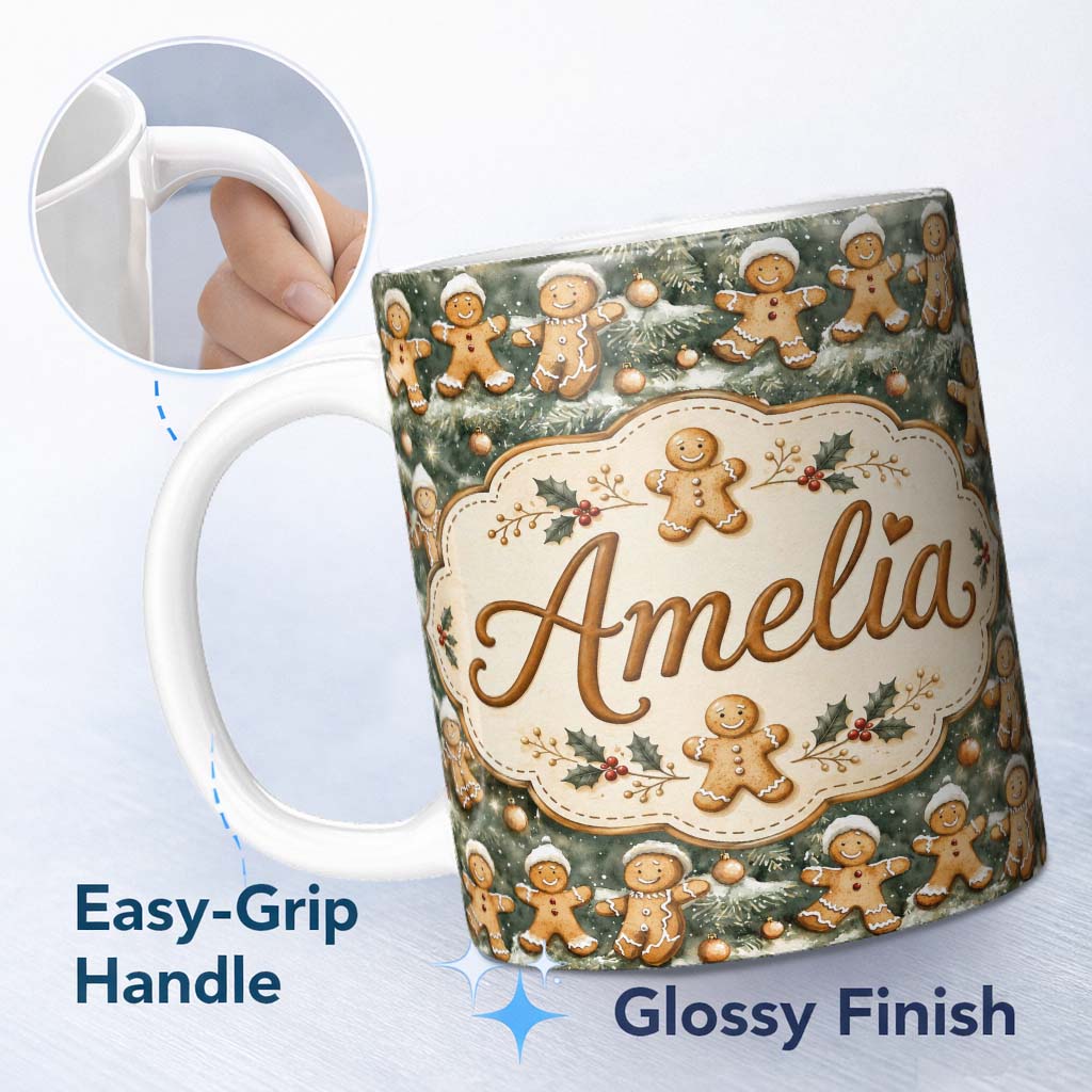 Personalized Custom Name Cute Gingerbread Cookies on Christmas Tree Background Seamless 11oz Ceramic Coffee Tea Mug White Large Handle