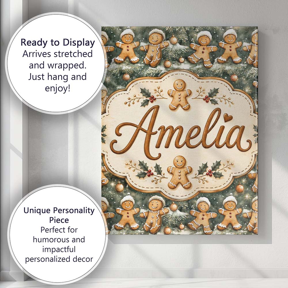 Personalised Name Cute Gingerbread Cookies Custom  Unique Gift Idea Elegant Feature Canvas Wall Art Print Decor Picture Ready to Hang