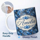 Personalized Custom Name Blue Floral Botanical Dense Garden Seamless Pattern Cute Unique Gift 11oz Ceramic Coffee Tea Mug White Large Handle