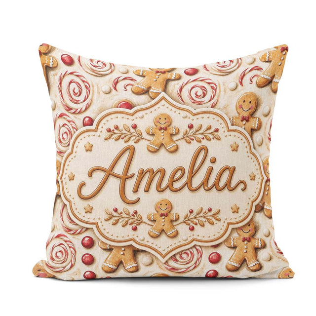Custom Name Cute Gingerbread Cookies with Swirl Candies and Bows Square Filled Cushion Throw Pillow Sofa Bed Home Decor Zip Washable UK Made