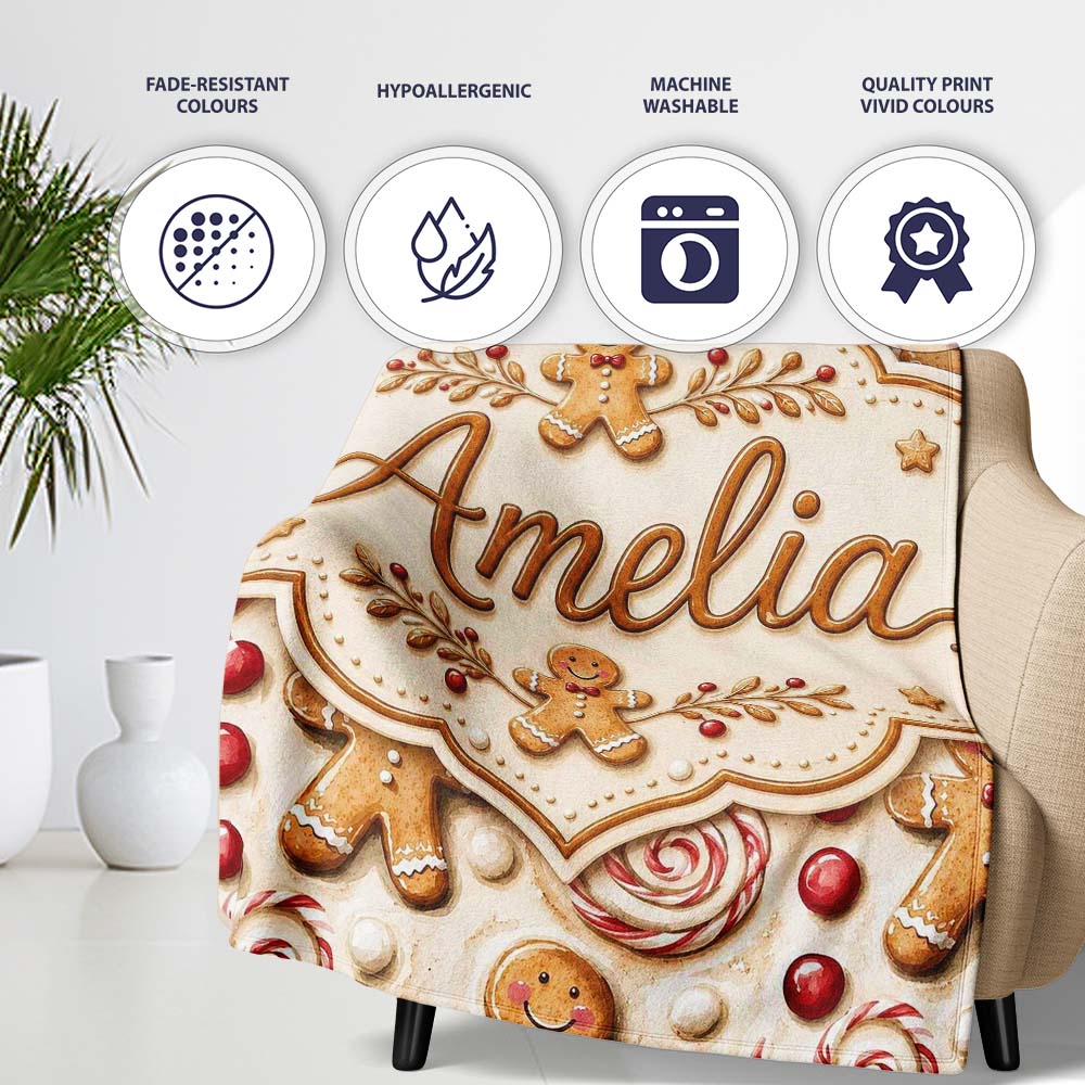 Cute Gingerbread Cookies with Swirl Candies and Bows Seamless  Personalised Custom Name Super Soft Fleece Blanket Bed Sofa Throw