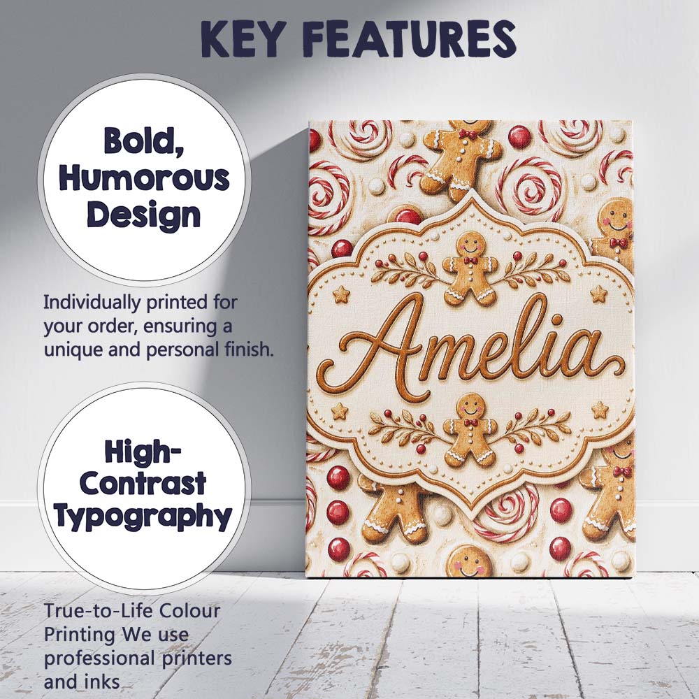 Personalised Name Cute Gingerbread Cookies Custom  Unique Gift Idea Elegant Feature Canvas Wall Art Print Decor Picture Ready to Hang