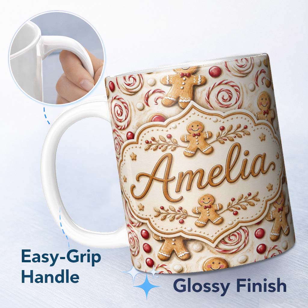 Personalized Custom Name Cute Gingerbread Cookies with Swirl Candies and Bows Seamless 11oz Ceramic Coffee Tea Mug White Large Handle
