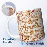 Personalized Custom Name Cute Gingerbread Cookies with Swirl Candies and Bows Seamless 11oz Ceramic Coffee Tea Mug White Large Handle