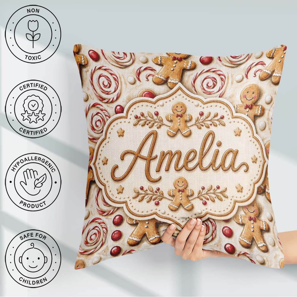 Custom Name Cute Gingerbread Cookies with Swirl Candies and Bows Square Filled Cushion Throw Pillow Sofa Bed Home Decor Zip Washable UK Made