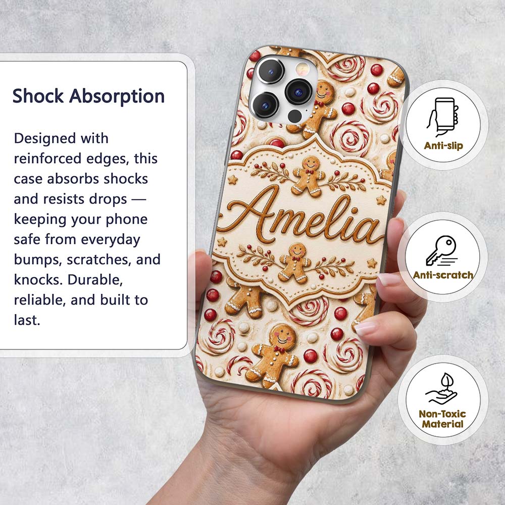Cute Gingerbread Cookies with Swirl Candies and Custom Name Protective Phone Case Mobile Cover Durable Everyday Smartphone Shock Resistant