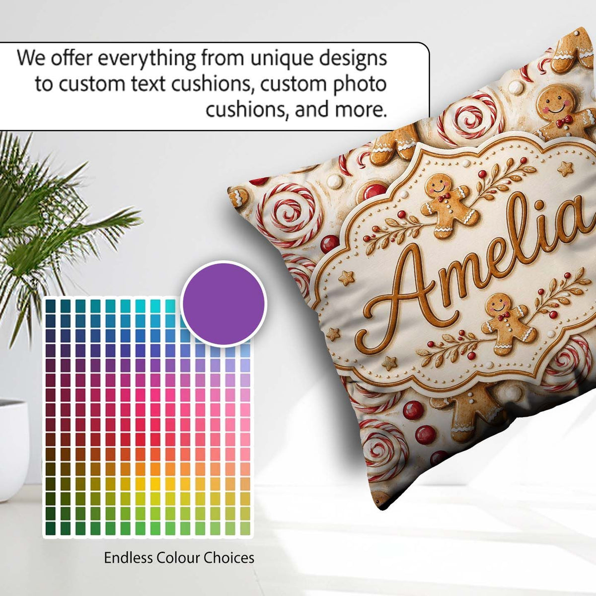 Custom Name Cute Gingerbread Cookies with Swirl Candies and Bows Square Filled Cushion Throw Pillow Sofa Bed Home Decor Zip Washable UK Made