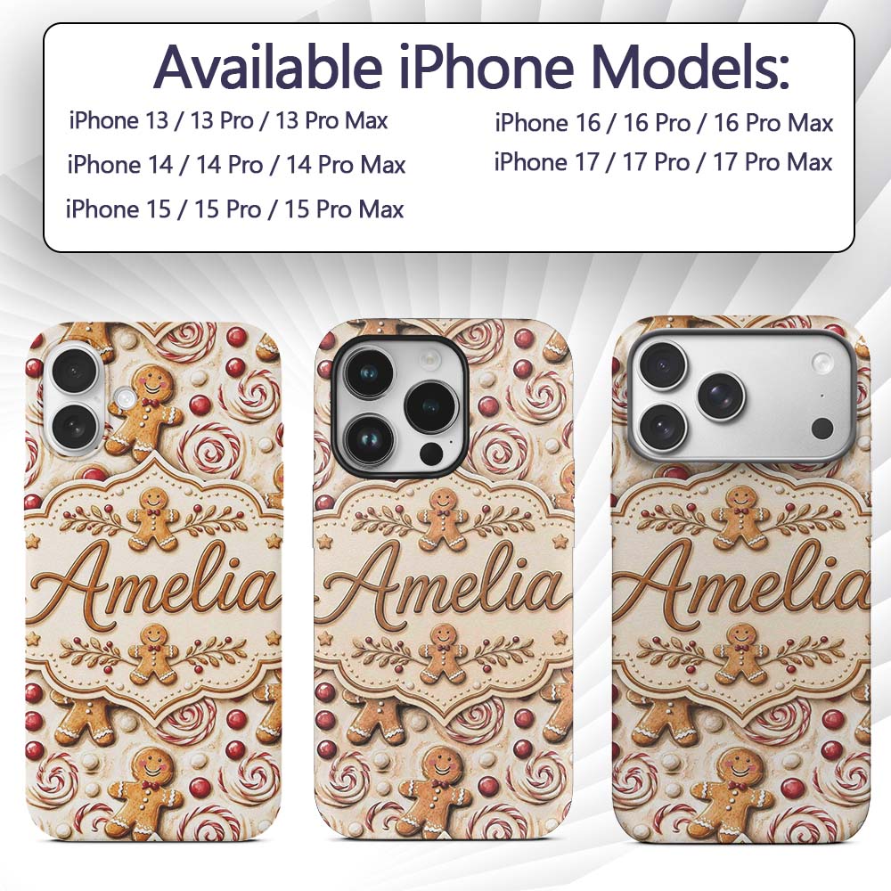 Cute Gingerbread Cookies with Swirl Candies and Custom Name Protective Phone Case Mobile Cover Durable Everyday Smartphone Shock Resistant