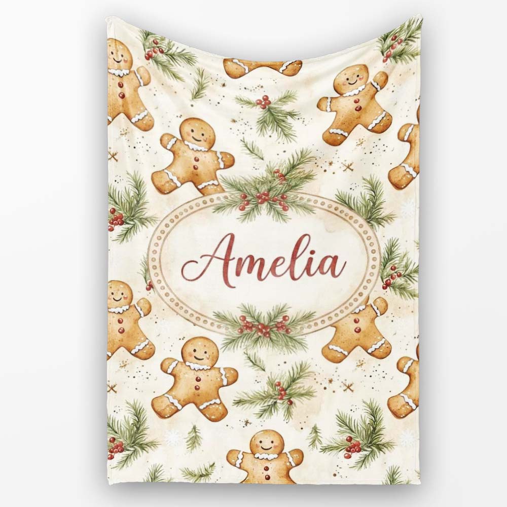 Cute Gingerbread Cookies with Pine Sprigs and Snowflakes Seamless  Personalised Custom Name Super Soft Fleece Blanket Bed Sofa Throw