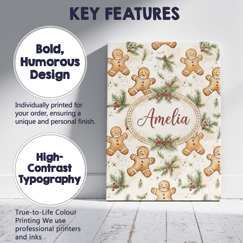 Personalised Name Cute Gingerbread Cookies Custom  Unique Gift Idea Elegant Feature Canvas Wall Art Print Decor Picture Ready to Hang
