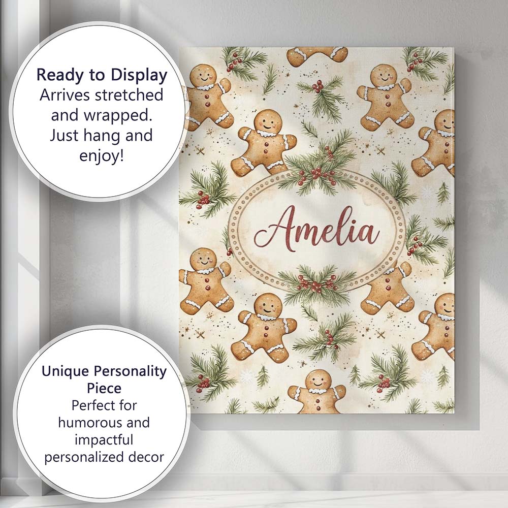 Personalised Name Cute Gingerbread Cookies Custom  Unique Gift Idea Elegant Feature Canvas Wall Art Print Decor Picture Ready to Hang
